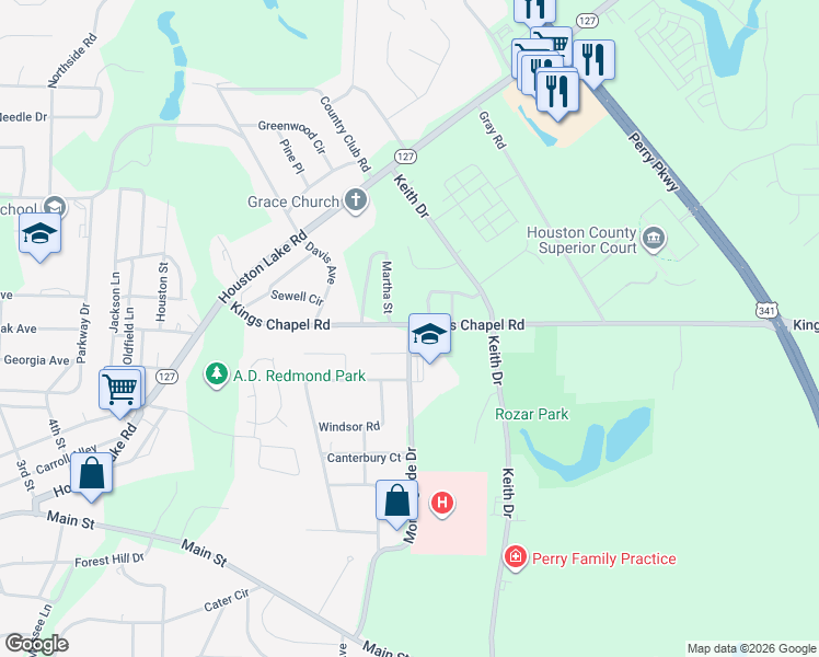 map of restaurants, bars, coffee shops, grocery stores, and more near Martha Street in Perry