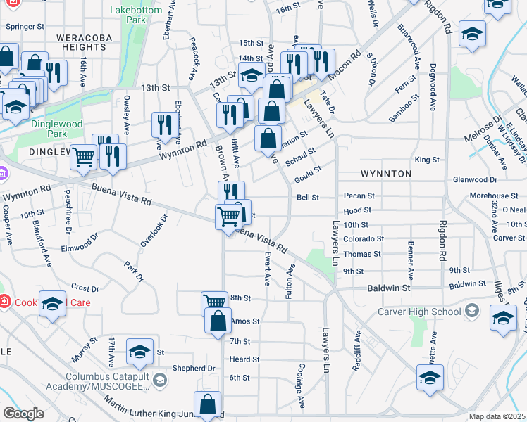 map of restaurants, bars, coffee shops, grocery stores, and more near 2220 Bell Street in Columbus