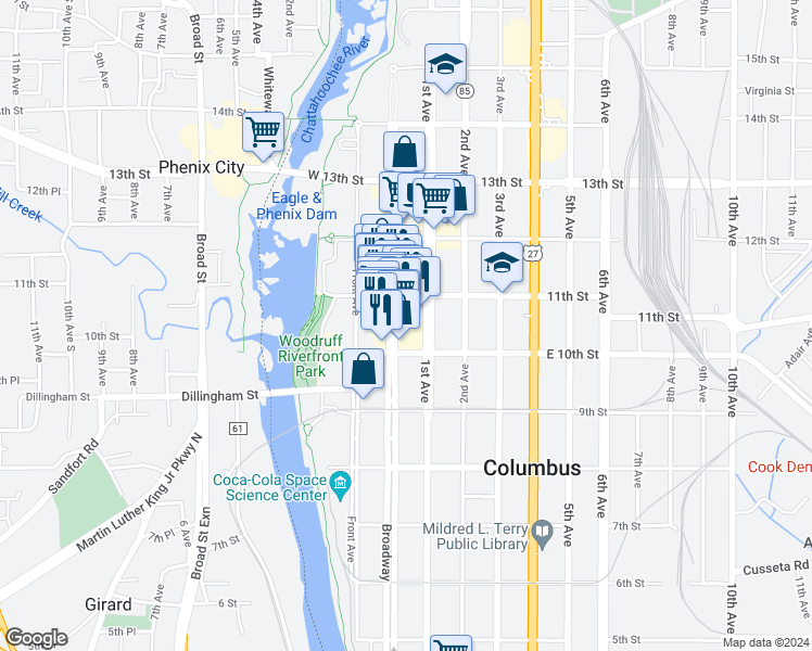map of restaurants, bars, coffee shops, grocery stores, and more near 1030 Broadway in Columbus