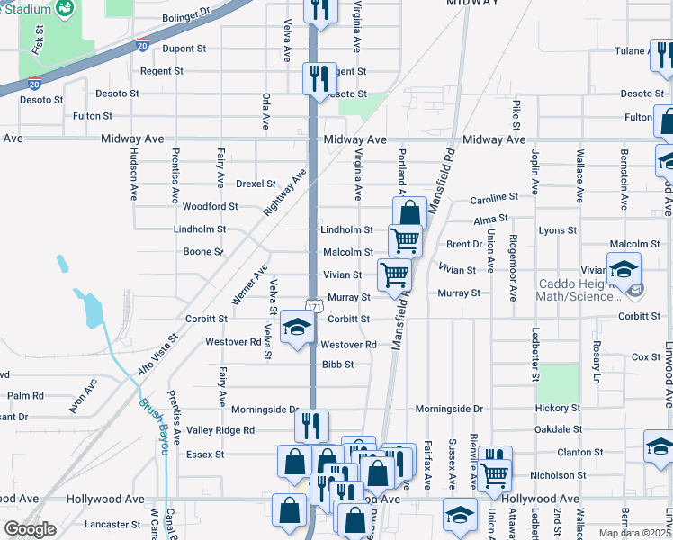 map of restaurants, bars, coffee shops, grocery stores, and more near 2628 Vivian Street in Shreveport