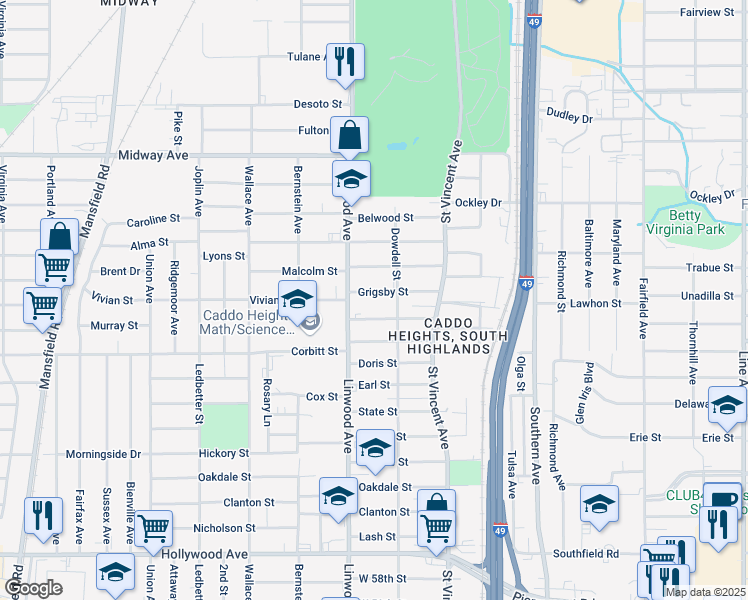 map of restaurants, bars, coffee shops, grocery stores, and more near 1527 Grigsby Street in Shreveport