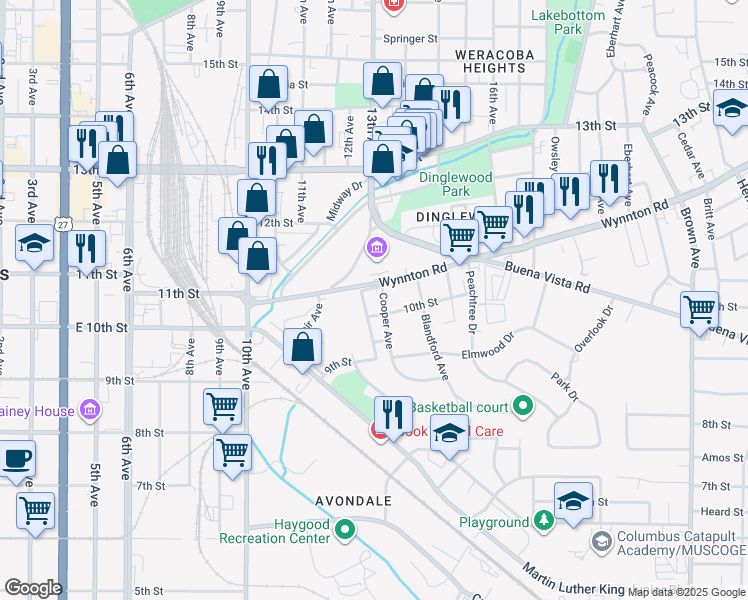 map of restaurants, bars, coffee shops, grocery stores, and more near 1240 Wynnton Road in Columbus