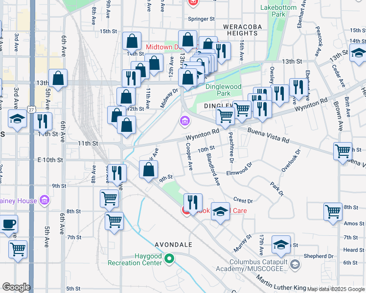 map of restaurants, bars, coffee shops, grocery stores, and more near 1240 Wynnton Road in Columbus