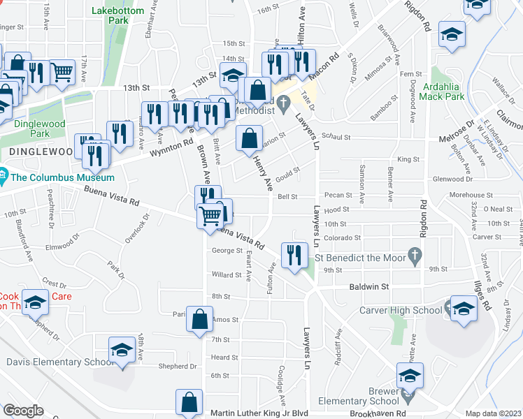 map of restaurants, bars, coffee shops, grocery stores, and more near 2315 10th Street in Columbus