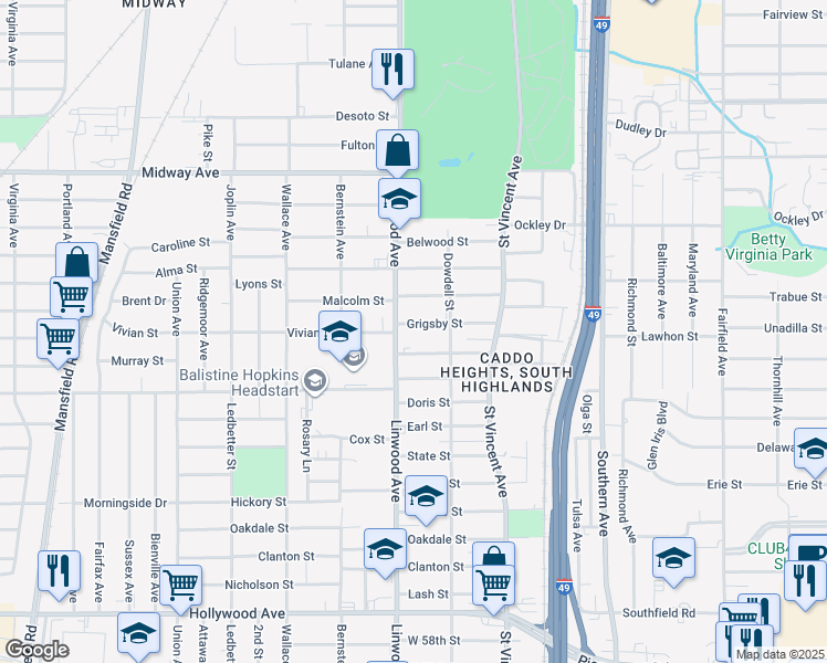 map of restaurants, bars, coffee shops, grocery stores, and more near 1541 Grigsby Street in Shreveport