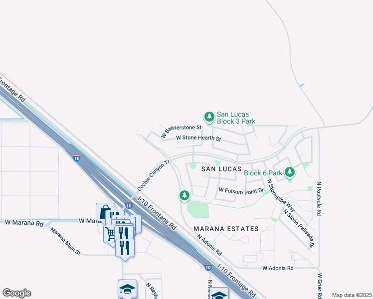 map of restaurants, bars, coffee shops, grocery stores, and more near 11541 West Rock Village Street in Marana