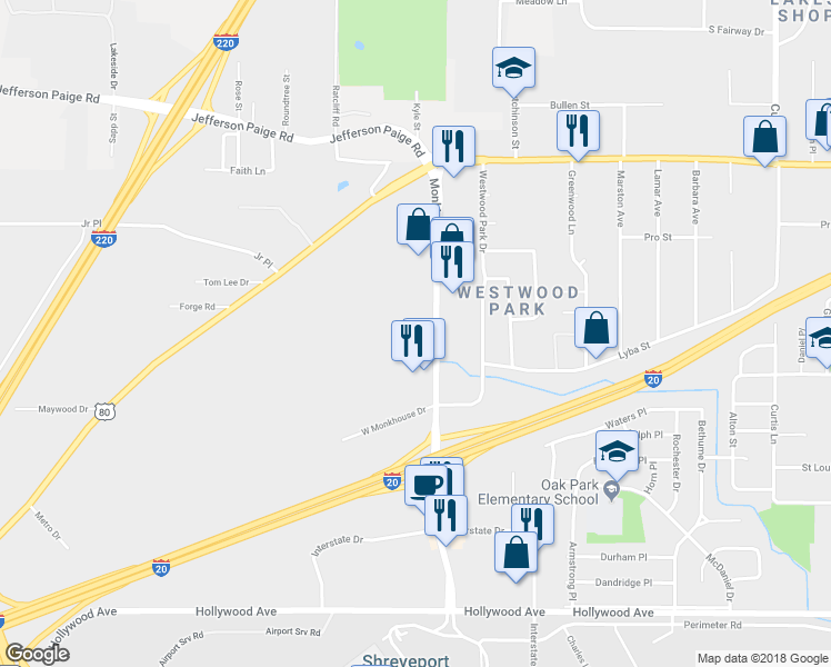 map of restaurants, bars, coffee shops, grocery stores, and more near 4902 Monkhouse Drive in Shreveport