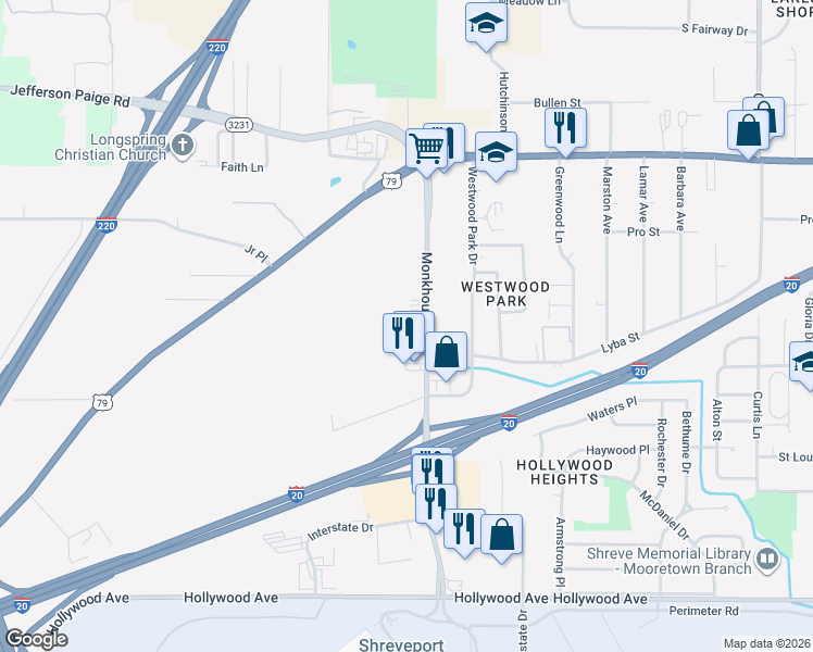 map of restaurants, bars, coffee shops, grocery stores, and more near 4902 Monkhouse Drive in Shreveport