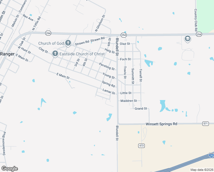 map of restaurants, bars, coffee shops, grocery stores, and more near 1204 Spring Road in Ranger