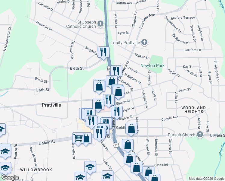 map of restaurants, bars, coffee shops, grocery stores, and more near 127 North Memorial Drive in Prattville