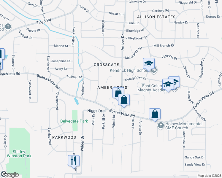 map of restaurants, bars, coffee shops, grocery stores, and more near 5714 Cameo Street in Columbus