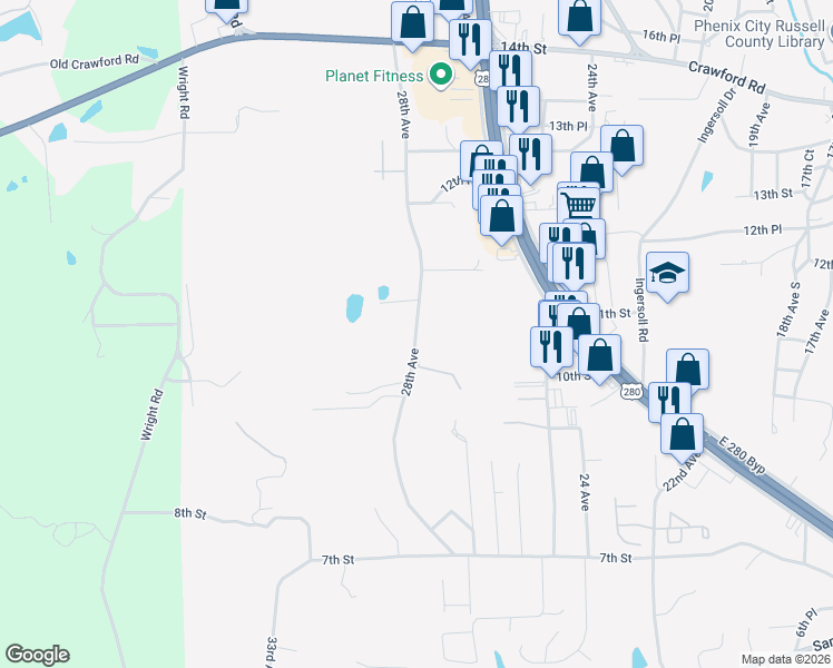 map of restaurants, bars, coffee shops, grocery stores, and more near 1009-1065 28th Avenue in Phenix City