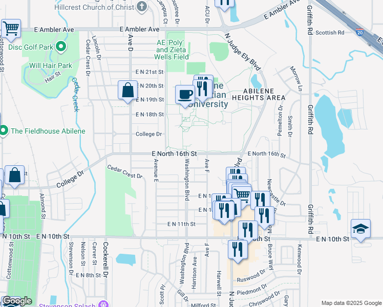 map of restaurants, bars, coffee shops, grocery stores, and more near East North 16th Street in Abilene