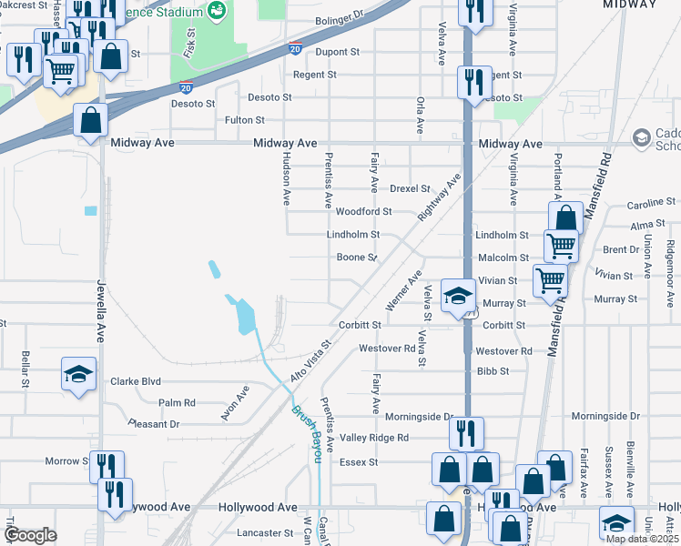 map of restaurants, bars, coffee shops, grocery stores, and more near 3056 Syphon Street in Shreveport