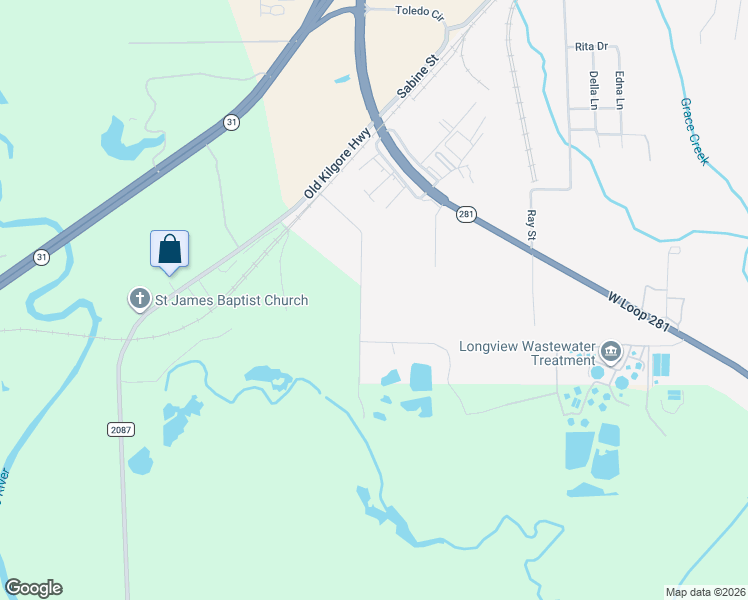map of restaurants, bars, coffee shops, grocery stores, and more near 1952 Dancinger Road County Road 3504 in Longview