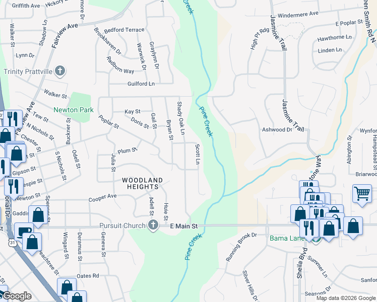 map of restaurants, bars, coffee shops, grocery stores, and more near 128-130 Shady Oak Lane in Prattville