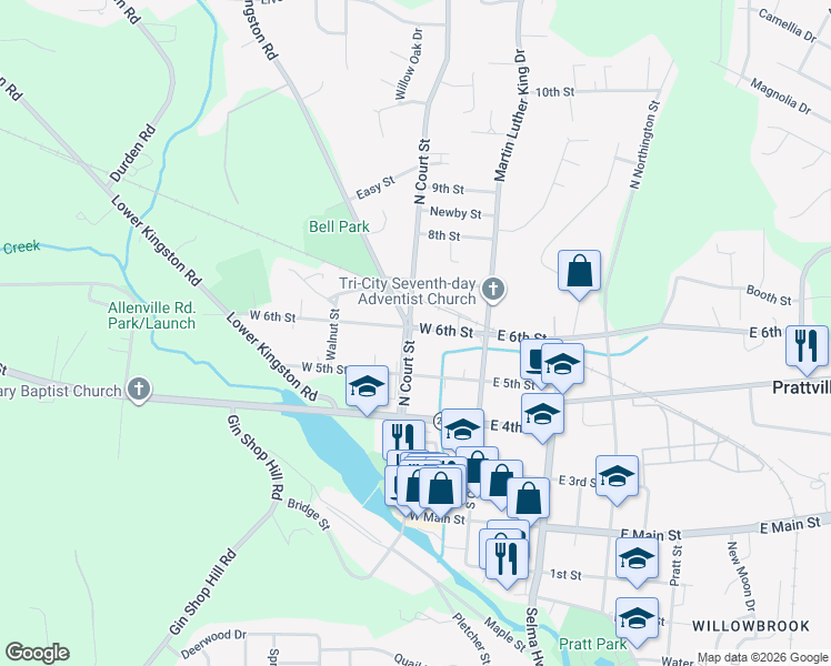 map of restaurants, bars, coffee shops, grocery stores, and more near 254 North Court Street in Prattville