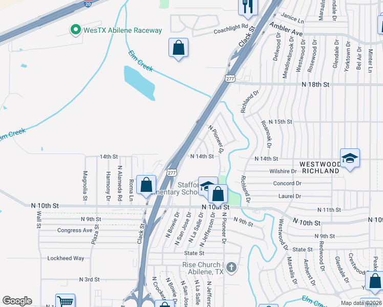 map of restaurants, bars, coffee shops, grocery stores, and more near 1402 North Bowie Drive in Abilene