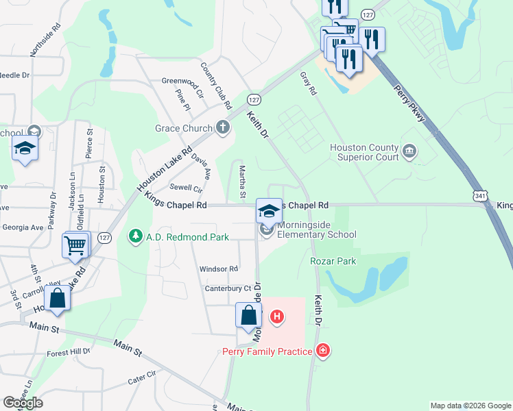 map of restaurants, bars, coffee shops, grocery stores, and more near Martha Street in Perry