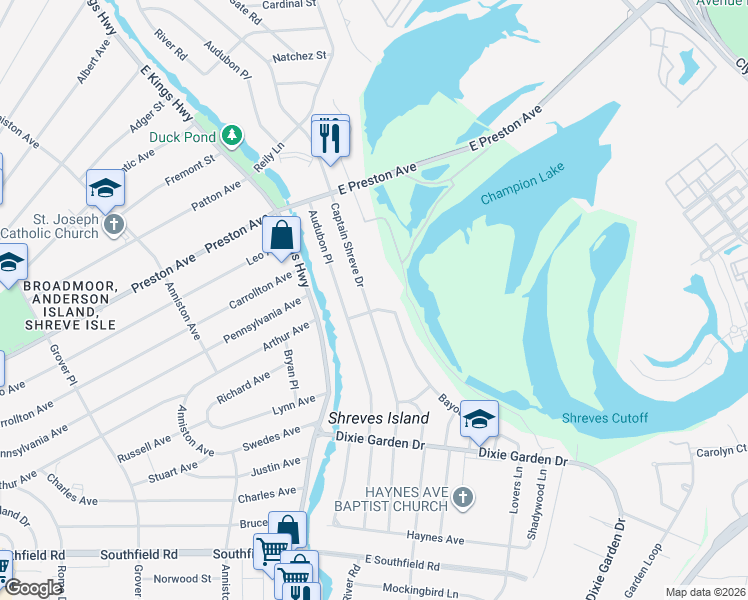 map of restaurants, bars, coffee shops, grocery stores, and more near 1619 Captain Shreve Drive in Shreveport