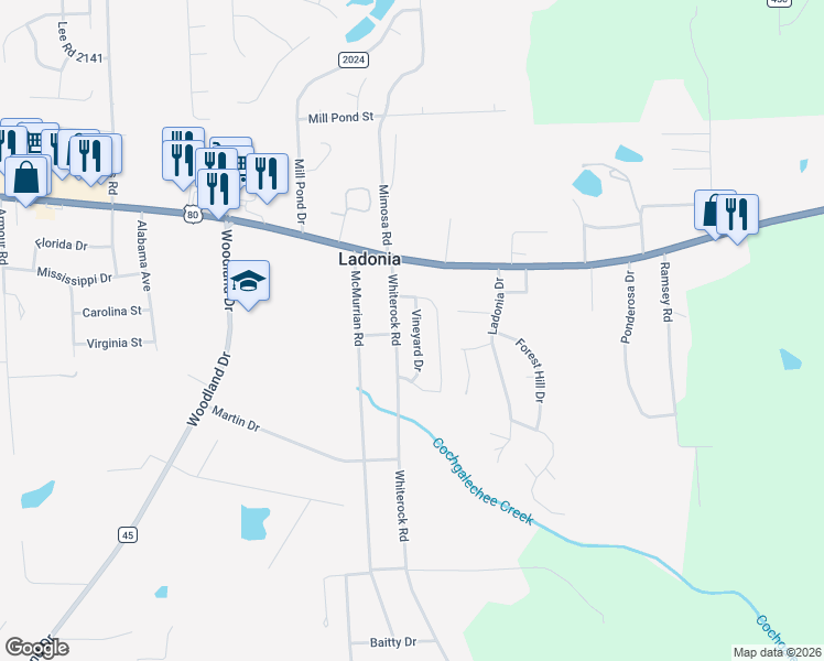 map of restaurants, bars, coffee shops, grocery stores, and more near 13 Whiterock Road in Phenix City