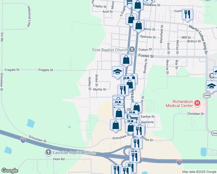 map of restaurants, bars, coffee shops, grocery stores, and more near 102 Myrtle Street in Rayville