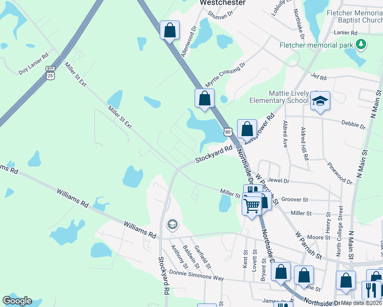 map of restaurants, bars, coffee shops, grocery stores, and more near 107 Buckhaven Way in Statesboro