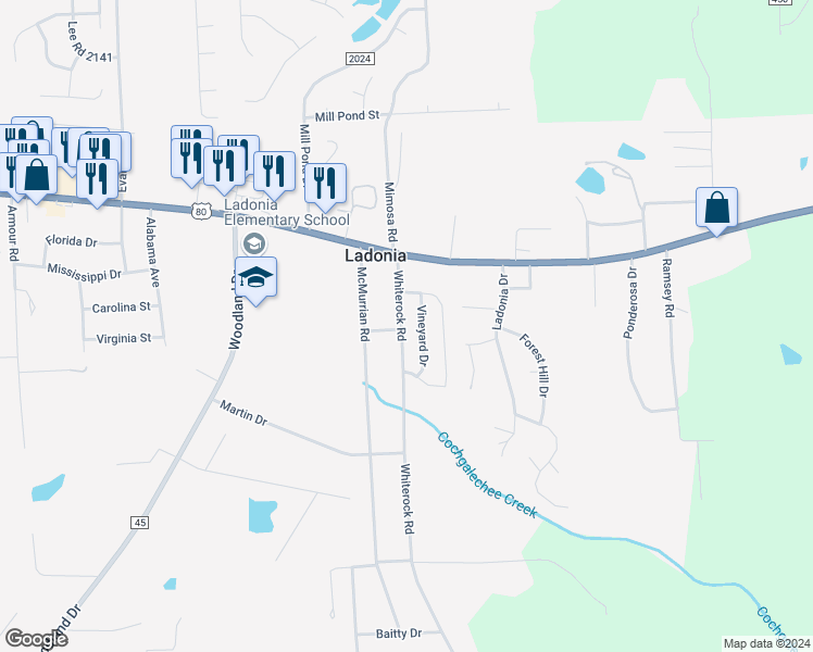 map of restaurants, bars, coffee shops, grocery stores, and more near 15 Whiterock Road in Phenix City