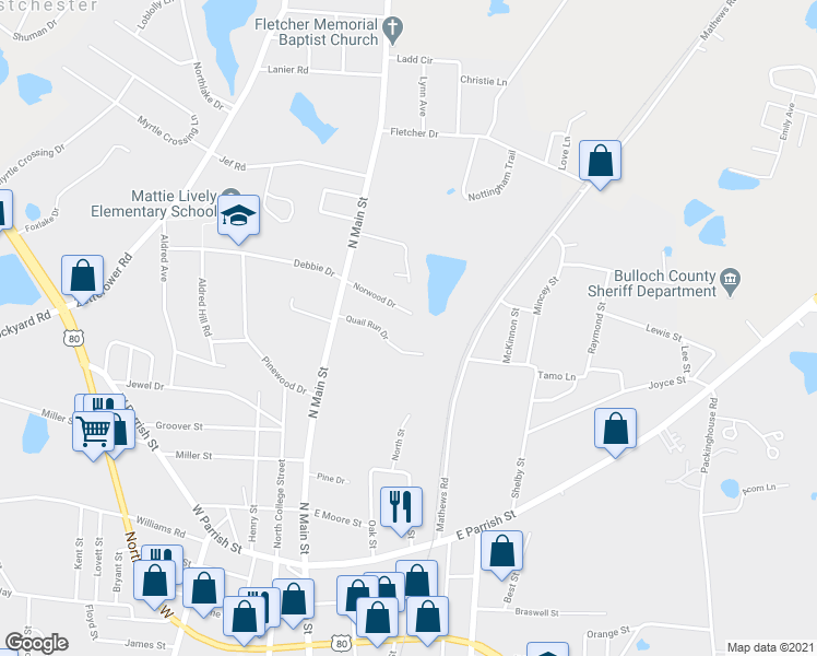 map of restaurants, bars, coffee shops, grocery stores, and more near 118 Norwood Drive in Statesboro
