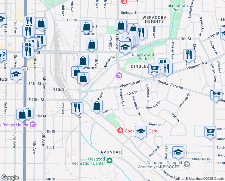 map of restaurants, bars, coffee shops, grocery stores, and more near 1218 Wynnton Road in Columbus