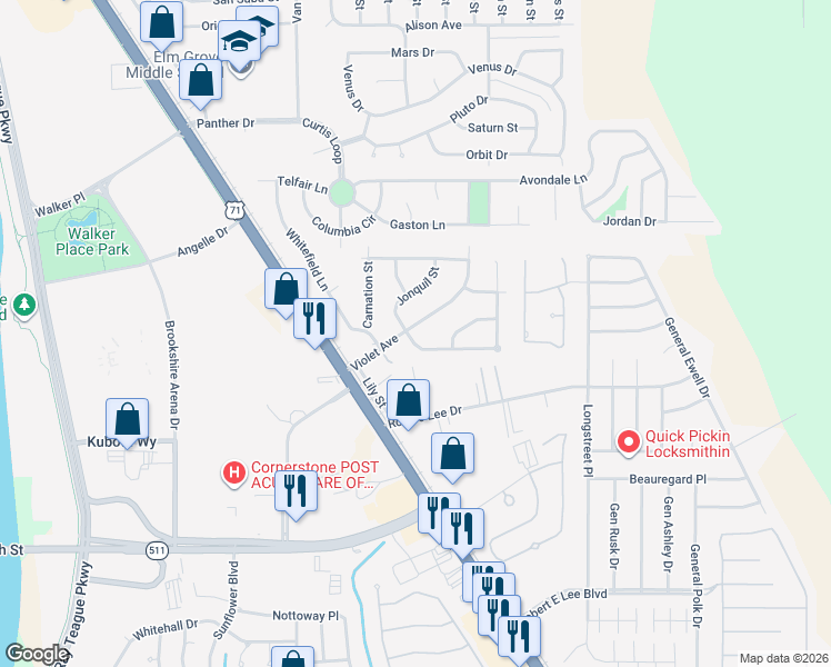 map of restaurants, bars, coffee shops, grocery stores, and more near 1300 Violet Avenue in Bossier City