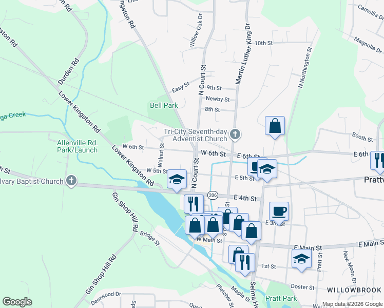 map of restaurants, bars, coffee shops, grocery stores, and more near 254 North Court Street in Prattville
