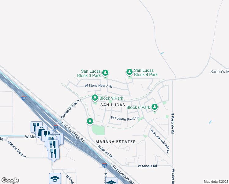 map of restaurants, bars, coffee shops, grocery stores, and more near 11392 West Smooth Pumice Street in Marana