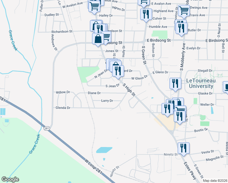 map of restaurants, bars, coffee shops, grocery stores, and more near 415 Diane Drive in Longview
