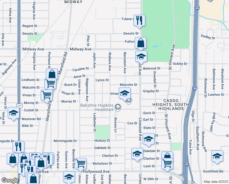 map of restaurants, bars, coffee shops, grocery stores, and more near 1742 Vivian Street in Shreveport