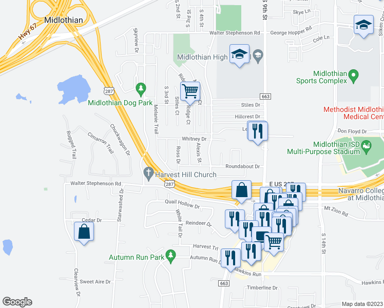 map of restaurants, bars, coffee shops, grocery stores, and more near 1636 Catherine Street in Midlothian