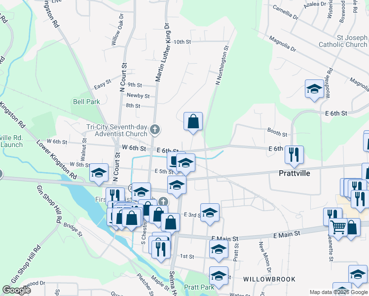 map of restaurants, bars, coffee shops, grocery stores, and more near 173 East 6th Street in Prattville