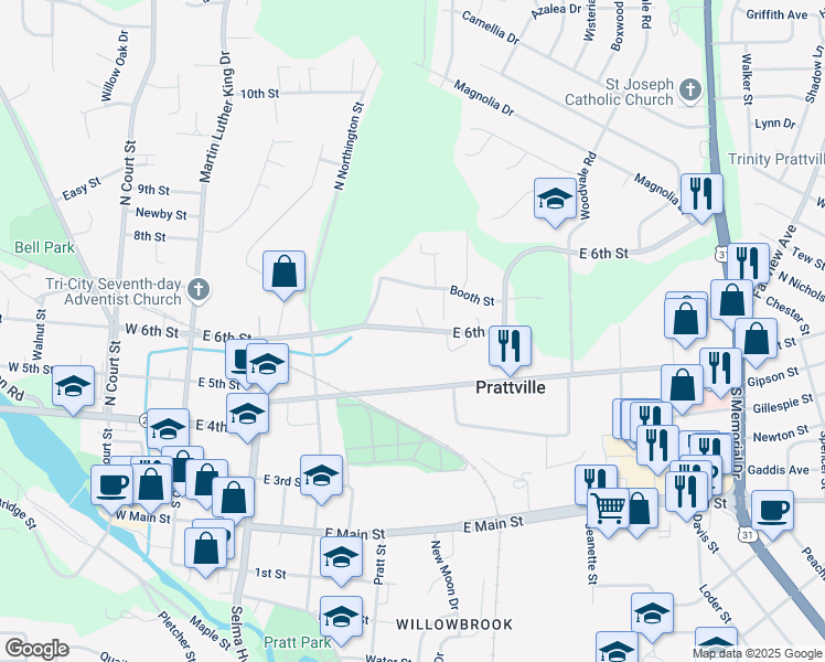 map of restaurants, bars, coffee shops, grocery stores, and more near 426a East 6th Street in Prattville