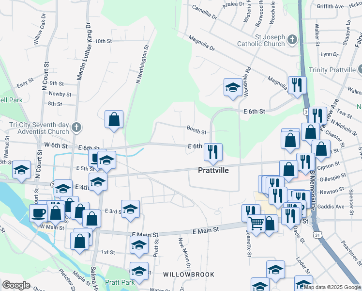 map of restaurants, bars, coffee shops, grocery stores, and more near 429 East 6th Street in Prattville