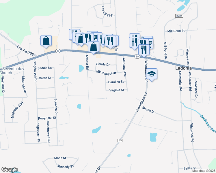 map of restaurants, bars, coffee shops, grocery stores, and more near 11 Georgia Avenue in Phenix City