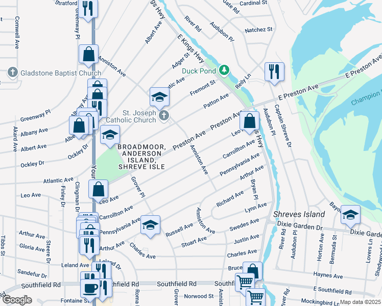 map of restaurants, bars, coffee shops, grocery stores, and more near 202 Leo Avenue in Shreveport