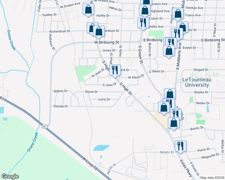 map of restaurants, bars, coffee shops, grocery stores, and more near 415 Diane Drive in Longview