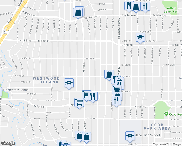 map of restaurants, bars, coffee shops, grocery stores, and more near 1413 Glenhaven Drive in Abilene