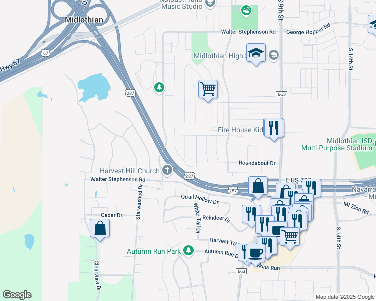 map of restaurants, bars, coffee shops, grocery stores, and more near 1622 Country Hills Drive in Midlothian