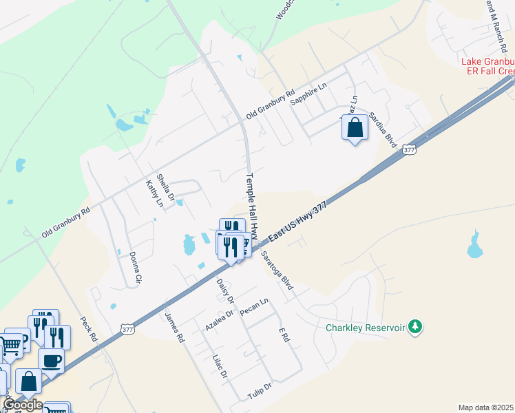 map of restaurants, bars, coffee shops, grocery stores, and more near 123 Temple Hall Highway in Granbury
