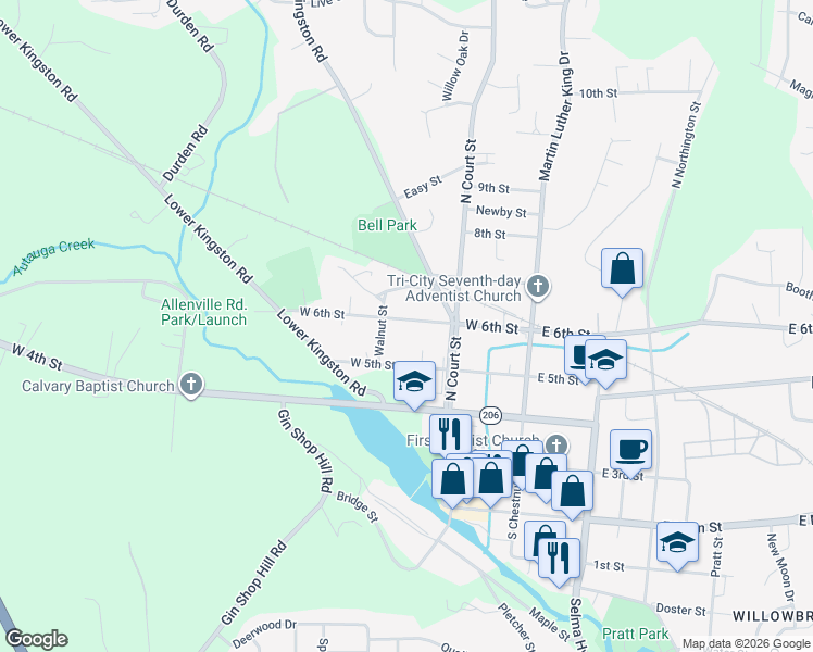 map of restaurants, bars, coffee shops, grocery stores, and more near 257 West 6th Street in Prattville