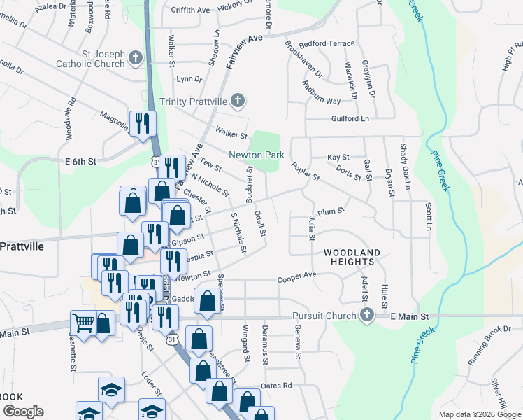 map of restaurants, bars, coffee shops, grocery stores, and more near 115 Odell Street in Prattville