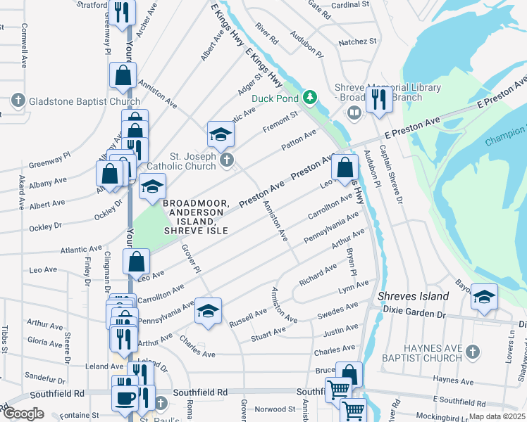 map of restaurants, bars, coffee shops, grocery stores, and more near 202 Leo Avenue in Shreveport