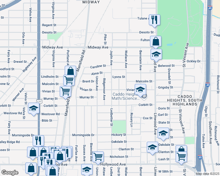map of restaurants, bars, coffee shops, grocery stores, and more near 1904 Vivian Street in Shreveport