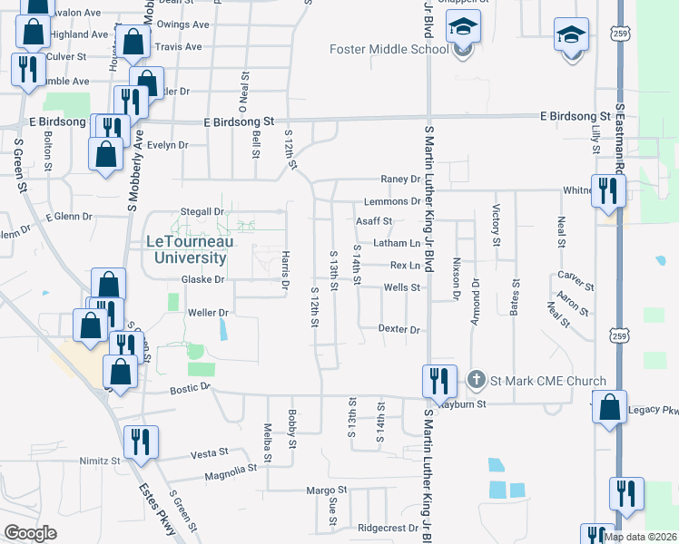map of restaurants, bars, coffee shops, grocery stores, and more near 2216 South 13th Street in Longview
